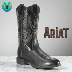 Ariat Cowboy Boots Men 9 D Heritage‎ Stockman Western Black Leather Green Stitch